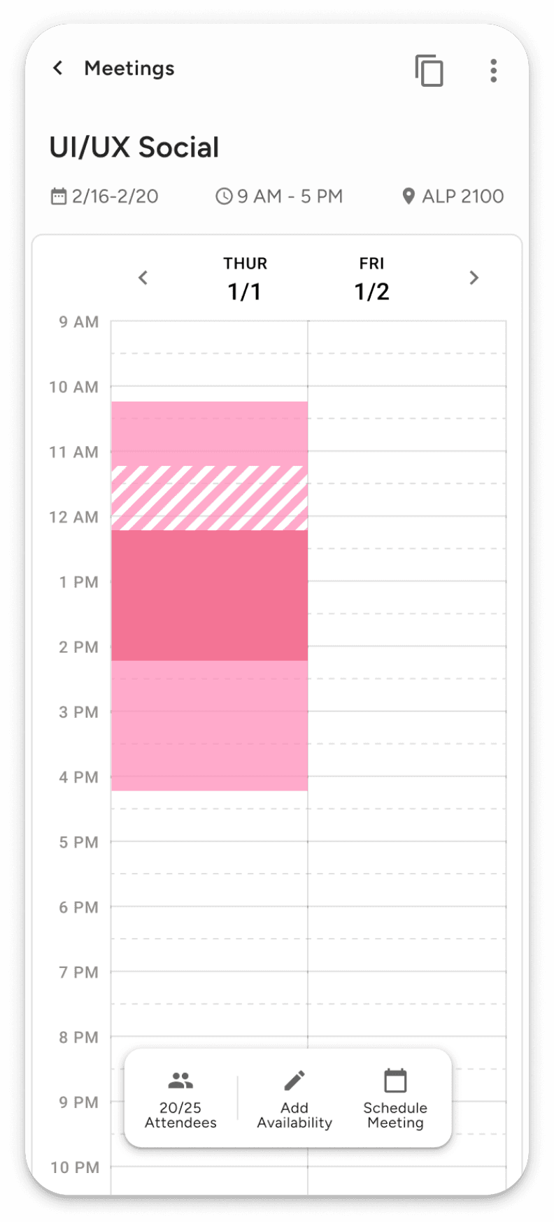 ZotMeet on a phone showing a two-day availability grid