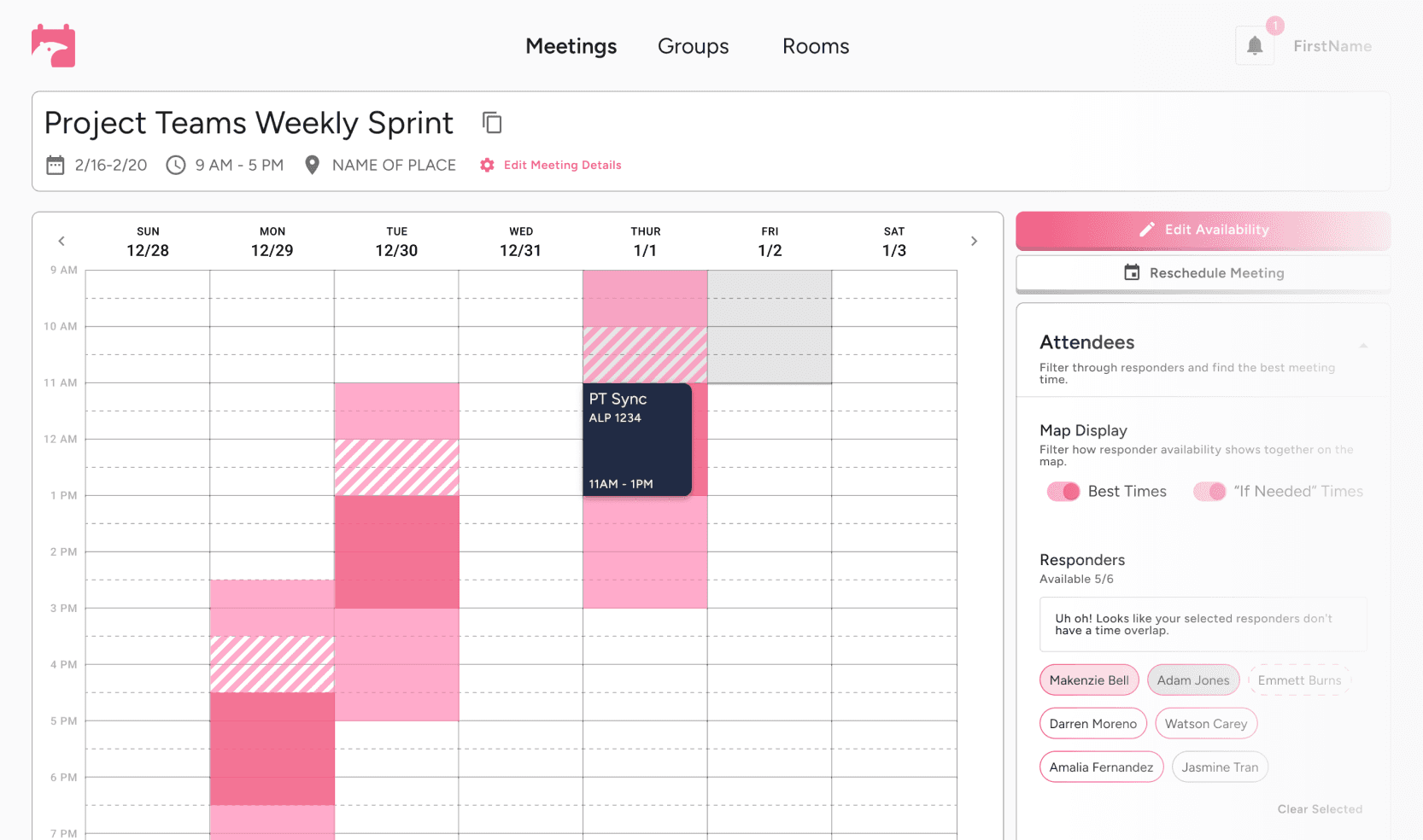 ZotMeet web app showing a meeting's group availability grid